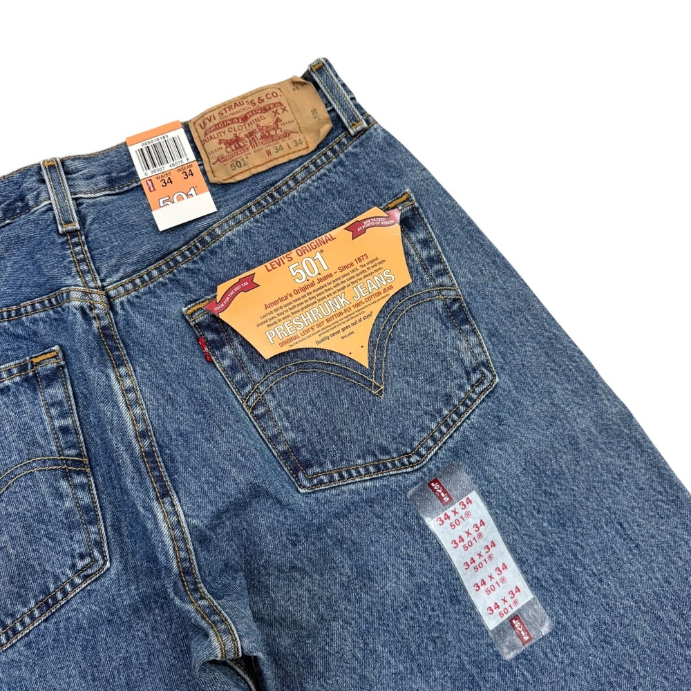 Levis 501 Preshrunk  Mens Blue Denim Jeans Button Fly Straight Leg